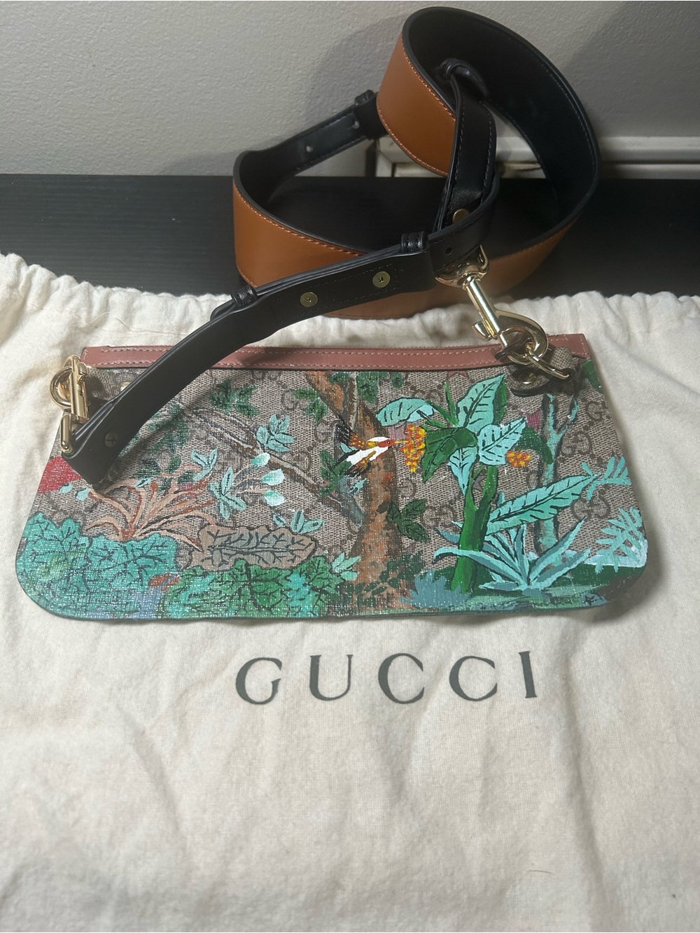 Gucci Floral-Print Canvas Crossbody with Tan Strap